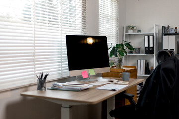 Computer monitor, screen isolated on white background at workplace office room with decorations and copy space modern 

