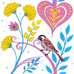 Fototapeta premium Whimsical Bird and Floral Art: A charming bird perches gracefully on a stylized branch, surrounded by vibrant flowers and a heart-shaped design, creating a joyful and imaginative scene, seamless 