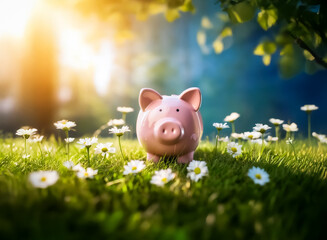 A pink piggy bank sits in a vibrant green field dotted with white daisies, illuminated by bright sunlight filtering through leaves.  A peaceful outdoor scene blending nature and savings.