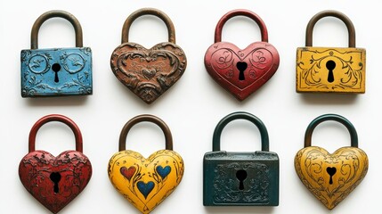 Set of assorted love locks in vibrant colors, heart-shaped designs, and engraved romantic patterns, neatly arranged on a white background