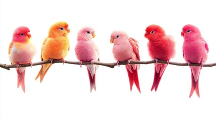 Fototapeta premium Set of assorted lovebirds perched on heart-shaped branches, vibrant plumage in pink and red tones, isolated on a white background, Valentine's day theme