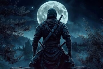 Fototapeta premium Dramatic composition of a moonlit ninja on a dark canvas.
