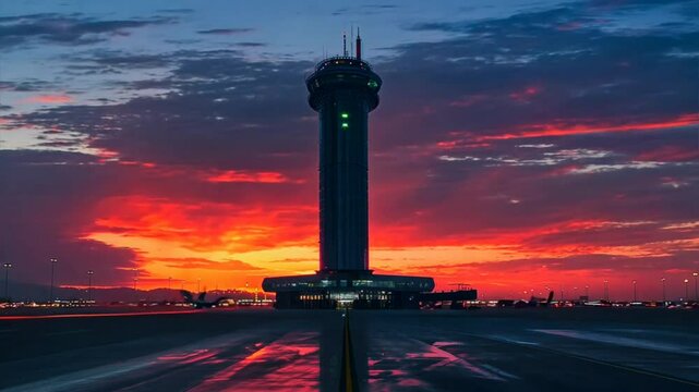 Skyline Vigil: An imposing control tower stands sentinel against the vibrant canvas of a sunset, its silhouette a testament to order and precision.