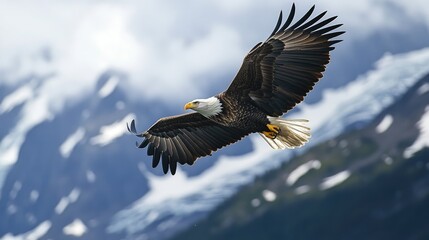 Obraz premium A bald eagle gliding above rugged mountain peaks, its wings spread wide against the backdrop of a vast sky.