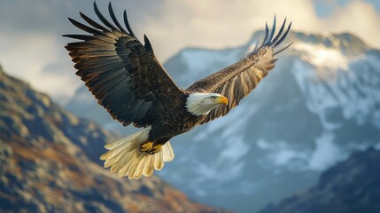 Fototapeta premium A bald eagle gliding above rugged mountain peaks, its wings spread wide against the backdrop of a vast sky.