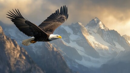 A bald eagle gliding above rugged mountain peaks, its wings spread wide against the backdrop of a vast sky.