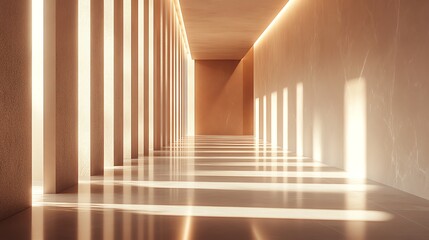 Obraz premium Modern corridor with geometric light and shadow, a matte wall panel, and warm illumination. Photorealistic, elegant, and minimalist design for creative projects.