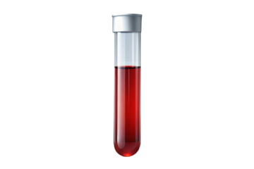 Test tube with red liquid isolated on Transparent  Background. Red blood sample medical glass tube, empty test tube