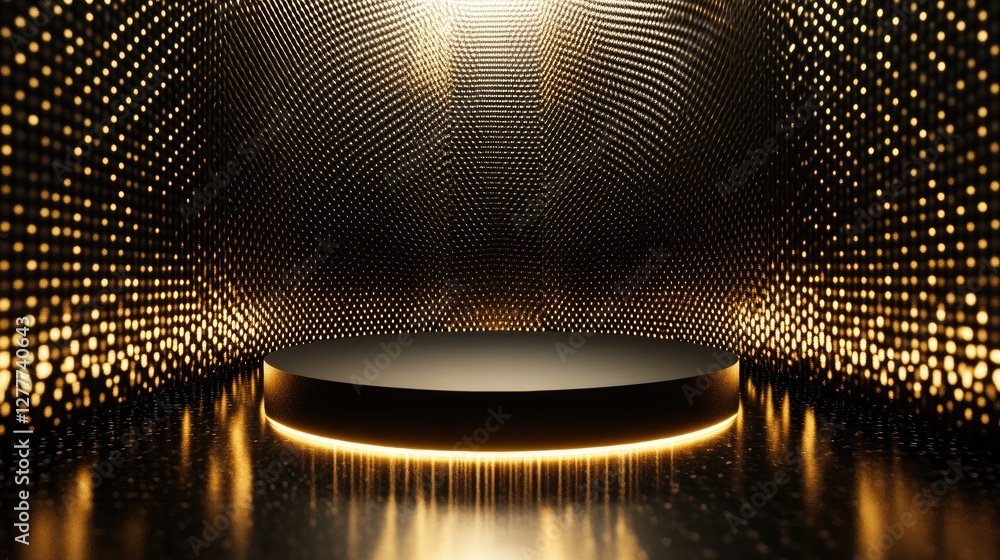 Poster a black and gold podium, lit by dynamic light effects, creating an elegant and high-end atmosphere f