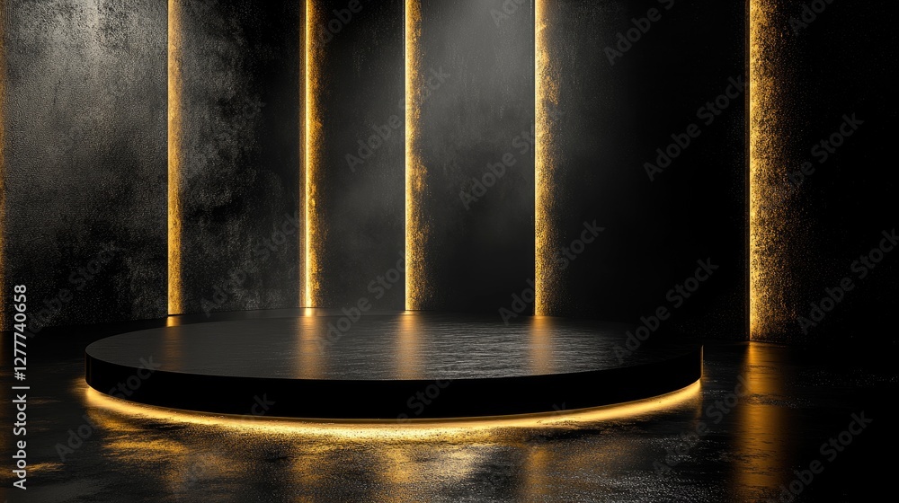 Poster a black and gold podium, lit by dynamic light effects, creating an elegant and high-end atmosphere f