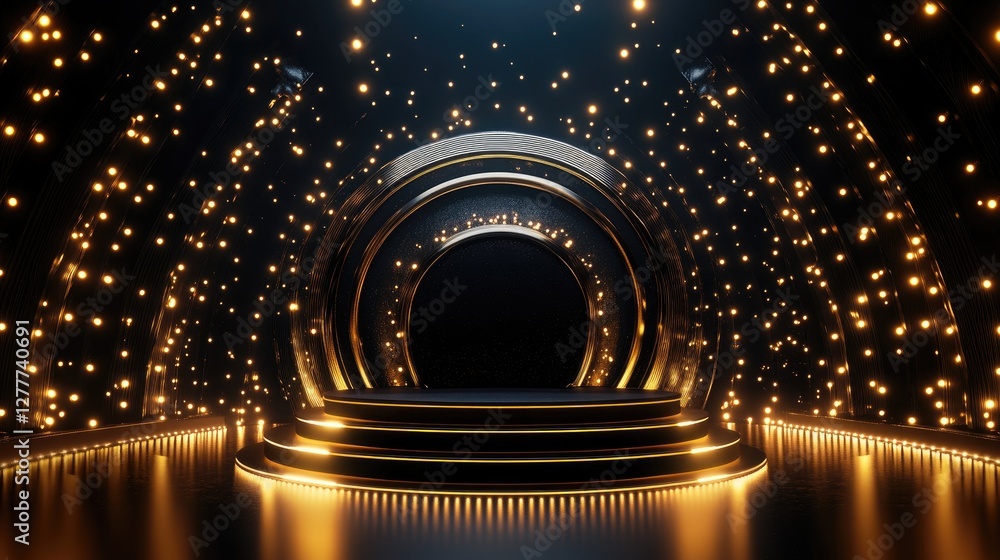 Poster a black and gold podium, lit by dynamic light effects, creating an elegant and high-end atmosphere f