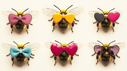 Set of bees wearing tiny bow ties and heart-shaped sunglasses, quirky and fun style, vibrant tones, isolated