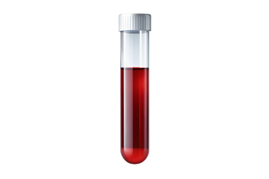 Test tube with red liquid isolated on Transparent  Background. Red blood sample medical glass tube, empty test tube