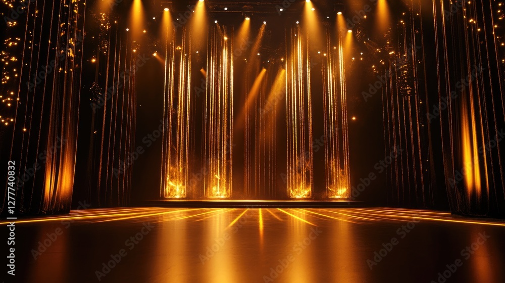 Poster A black and gold stage with stunning light effects, creating an elegant and grand setting for a performance.
