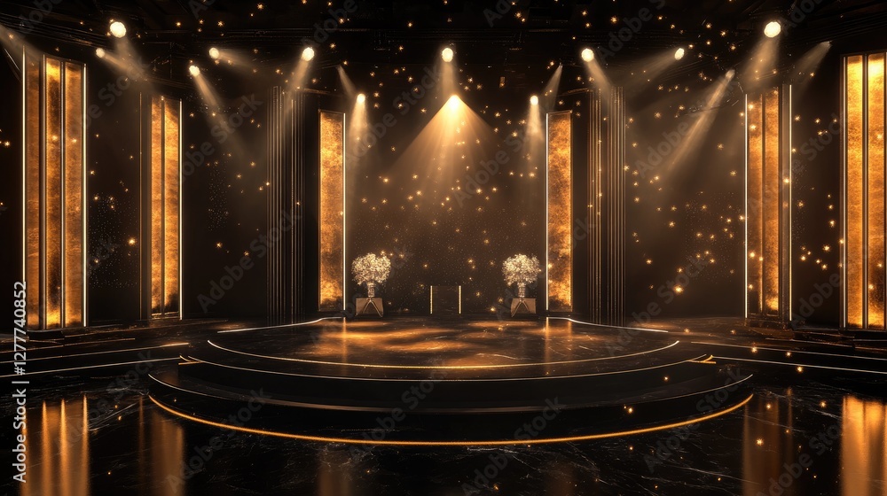 Poster A black and gold stage with stunning light effects, creating an elegant and grand setting for a performance.