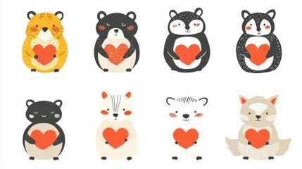 Obraz premium Set of cute animals hugging, each holding a heart, minimalistic style, bright colors, isolated on white