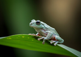 Obraz premium Enchanting White Tree Frog Perched on Lush Green Leaf