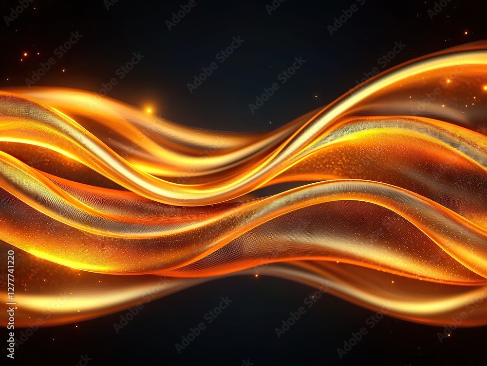 Poster dynamic waves of golden light abstract design digital art dark background close-up fluid motion conc