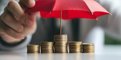 A hand holds a red umbrella over a stack of coins, symbolizing financial protection and the concept o