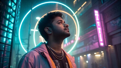 The image shows a young man in an urban setting at night, framed by neon lights and city buildings.