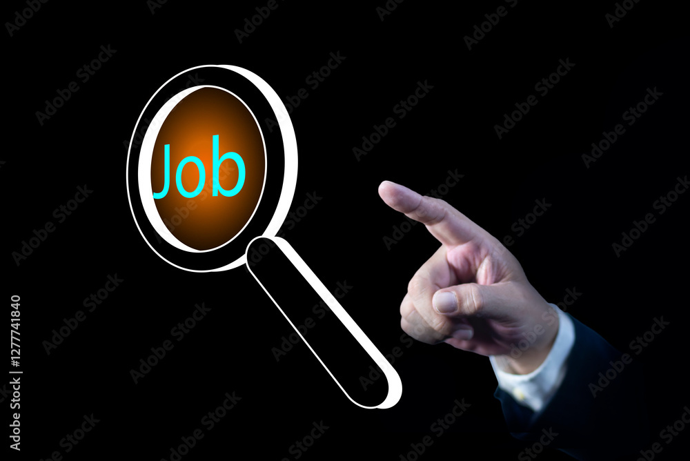Poster man's hands pointing job on virtual screen. data search technology, search engine optimization. job 