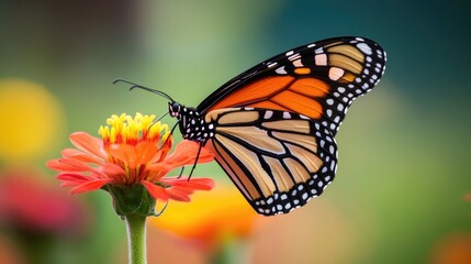 Fototapeta premium A butterfly gently perched on a colorful flower in a summer meadow, highlighting the tranquility of nature.