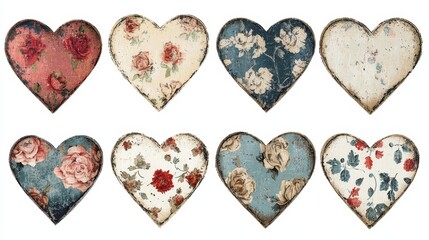 Fototapeta premium Set of vintage-inspired hearts with distressed textures, muted colors, floral patterns, cut out style, isolated on white