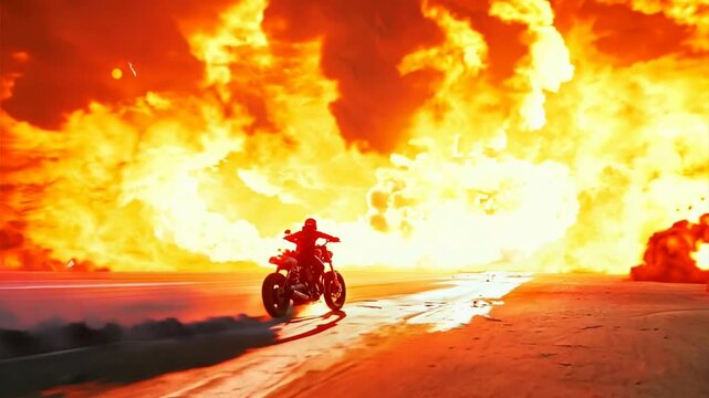 Burning Rubber: A daring biker fearlessly rides away from an apocalyptic inferno, captured in a dramatic wide-angle shot.
