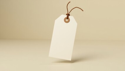 Blank Tag with String. A minimalist studio shot of an empty price tag, hanging by a string, ready for your custom text, promoting a product or a sale. 