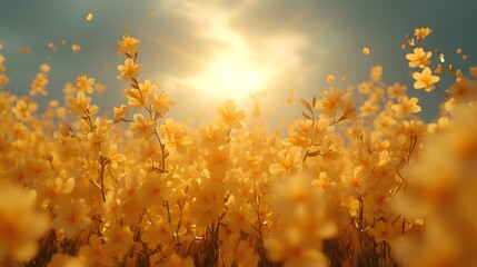 peaceful Golden Wildflower Field under a beautiful sunset sky
