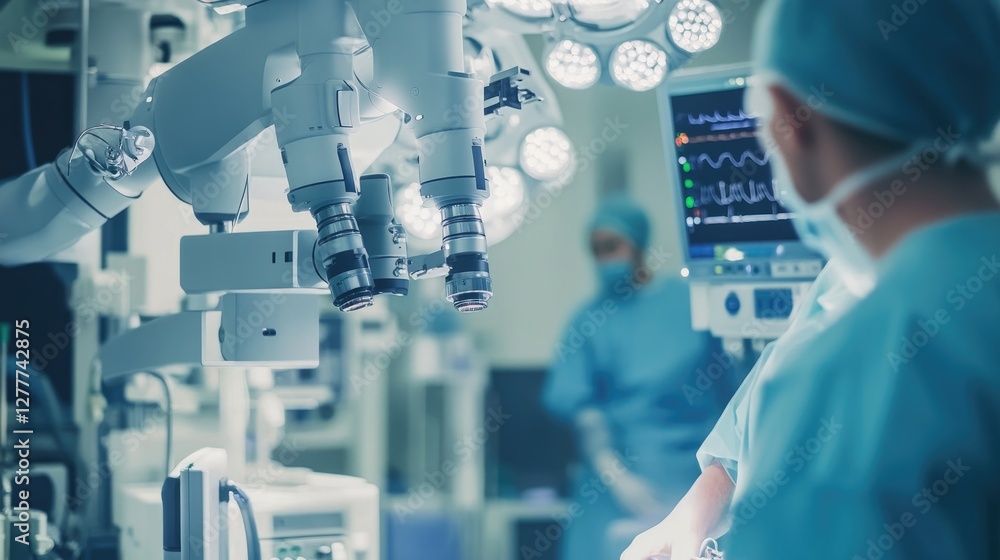 Poster A close-up of a robotic surgical system in use, with a medical team performing a minimally invasive procedure in a modern operating room.