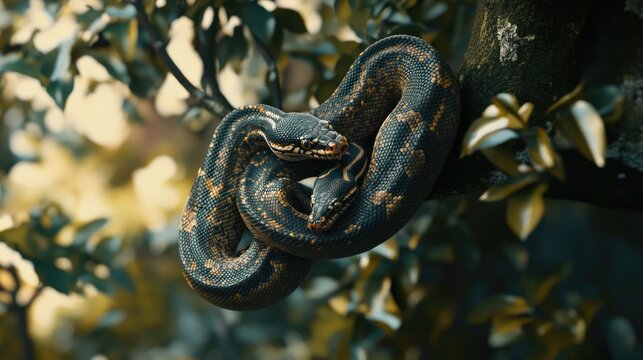 A close-up of a python coiled around a tree branch in the wild, showcasing its intricate scales and natural beauty.