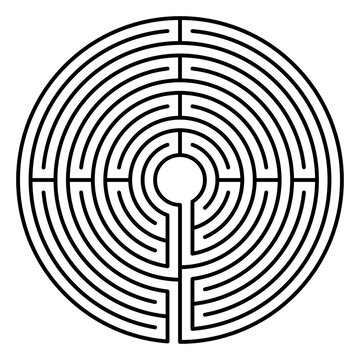 Medieval concentric labyrinth with four axis and single path. Known as Chartres pattern, appearing in manuscripts as early as the 9th century. Path starting at the bottom entrance to the center area.