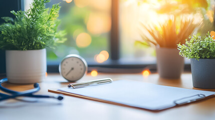 Serene Doctor's Desk with Workspace Items and Plants In Warm Light and Blurred Background During Day Time. A Peaceful