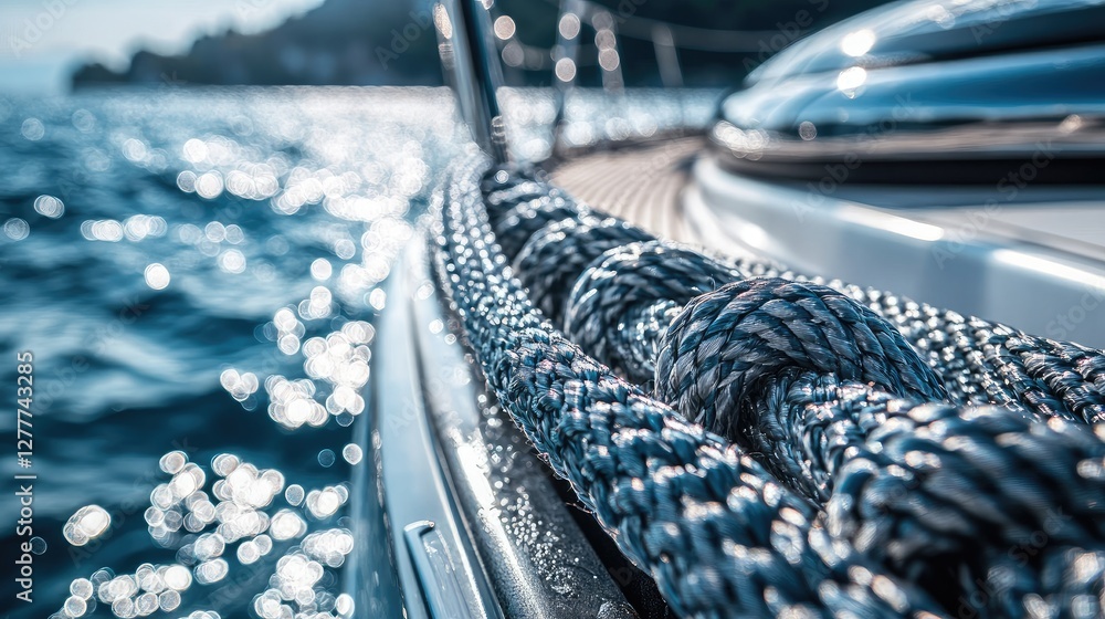 Poster a close-up of a yacht rope, showing the intricacy of the weave and the durability needed for securin