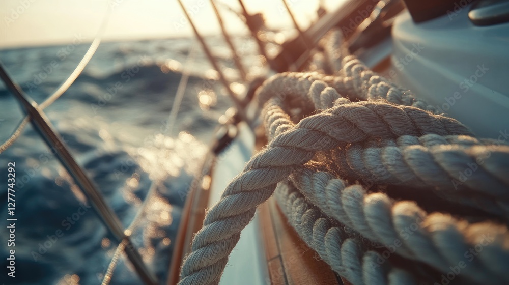 Poster a close-up of a yacht rope, showing the intricacy of the weave and the durability needed for securin