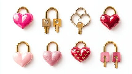 Valentine's theme love locks collection featuring golden, pink, and red heart locks with keys, isolated on a clean white background