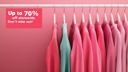 A collection of vibrant pink clothing hanging on a rack, showcasing a fashion sale banner with significant discounts. Shop now!