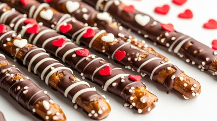 Valentine's-themed set of chocolate-dipped pretzel sticks, drizzled with red and white chocolate, decorated with mini hearts, clean white backdrop
