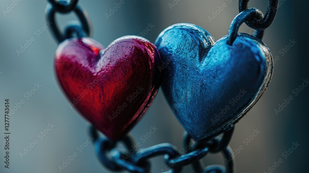 Poster a close-up of two blue and red hearts interlocked on chains, representing a connection of love and p
