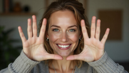 Mid-Shot of a Woman Smiling Brightly Framing Her Face with Fingers Her joyful expression exudes confidence and empowerment, embodying the spirit of Women’s Day.