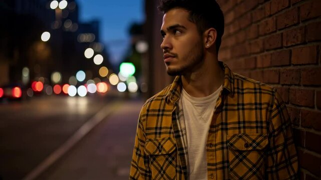 Young man in a yellow macleod tartan shirt stands pensively against a brick wall in a city at dusk