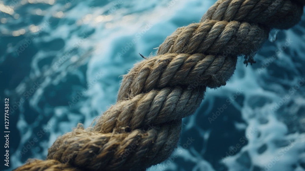 Poster A close-up shot of a sturdy rope on a boat, displaying the texture and intricacies of its weave in a dynamic sea environment