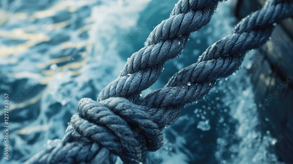 Poster A close-up shot of a sturdy rope on a boat, displaying the texture and intricacies of its weave in a dynamic sea environment