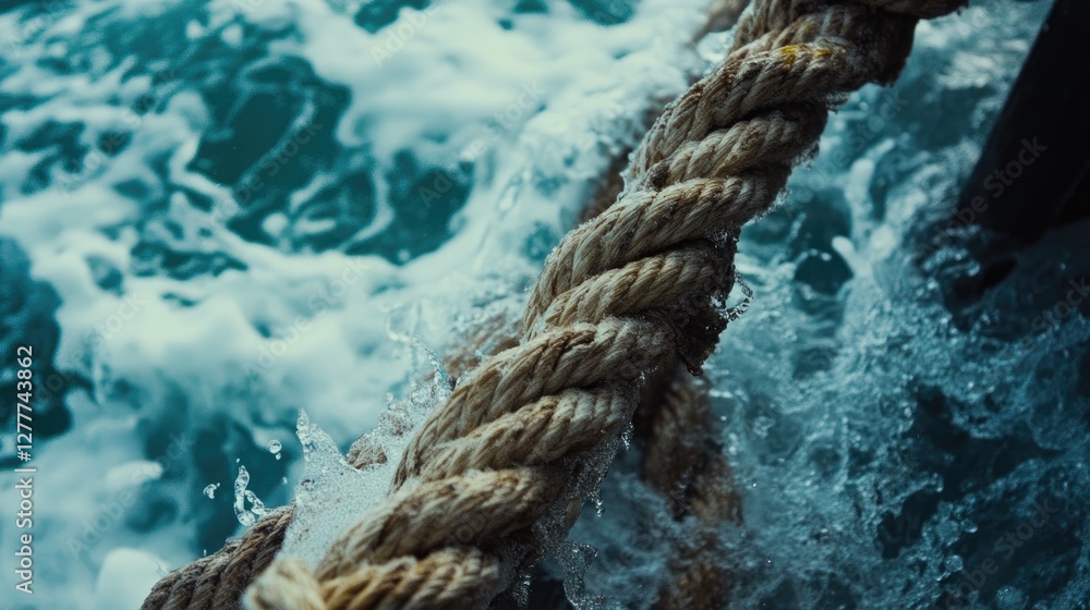 Poster A close-up shot of a sturdy rope on a boat, displaying the texture and intricacies of its weave in a dynamic sea environment