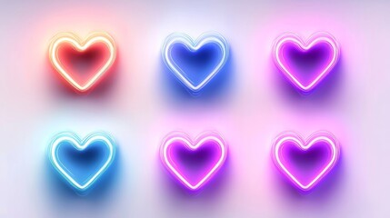 Variety of neon hearts with glowing edges, bold pink, purple, and blue colors, crisp cut out, isolated on a bright white background