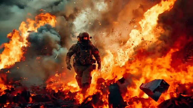 Courage in Chaos: A determined soldier fearlessly navigates a blazing inferno, embodying resilience and valor against a backdrop of explosive flames.