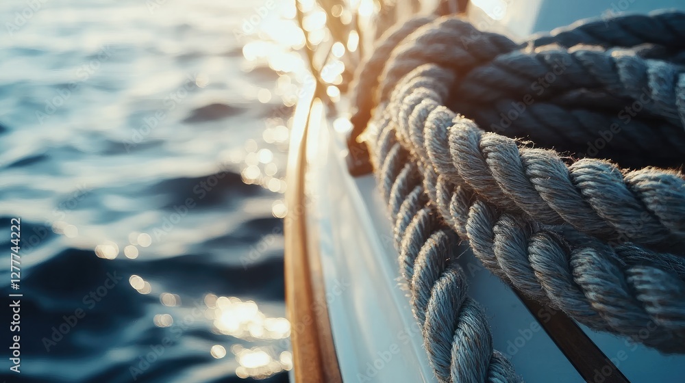 Poster a close-up view of a boat's rope in use at sea, highlighting the texture and craftsmanship required 