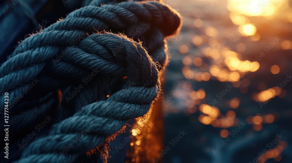 Poster a close-up view of a boat's rope in use at sea, highlighting the texture and craftsmanship required 