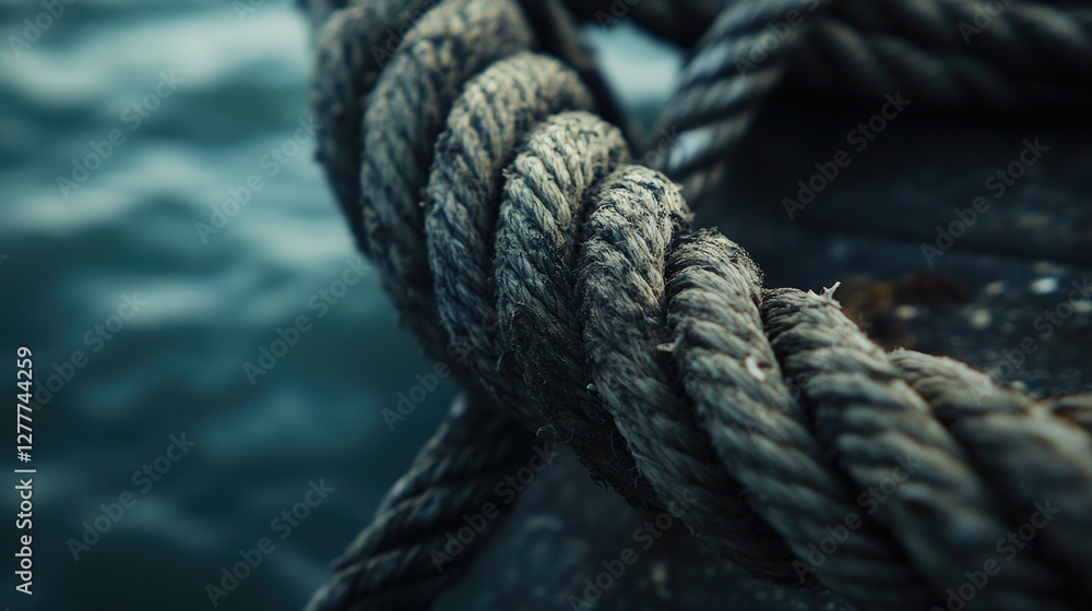 Poster A close-up view of a boat's rope in use at sea, highlighting the texture and craftsmanship required for reliable sailing.
